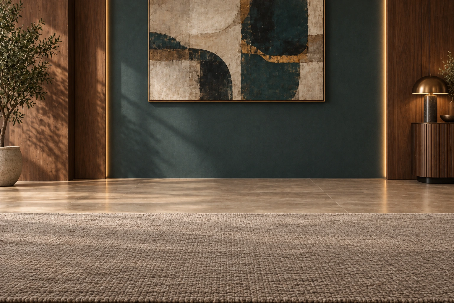Contemporary walnut and teal room with bronze lighting